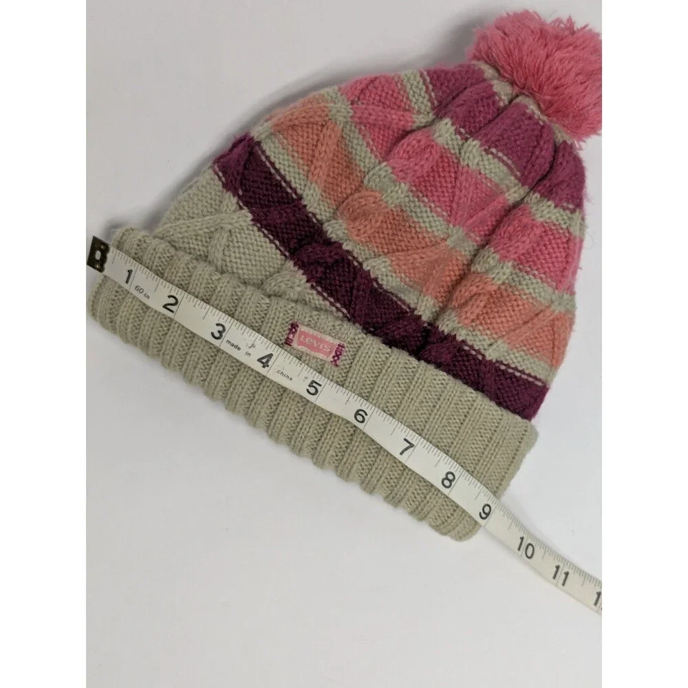 Levi's Beanie Hat Stripes Youth 7-16 Cable Knit Pinks & Beige Pom Pom Ribbed